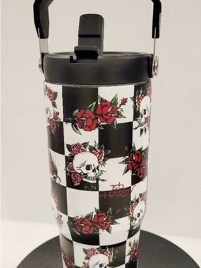 Ed Hardy- NEW! Black, White & Red Skull Rose Travel Tumbler